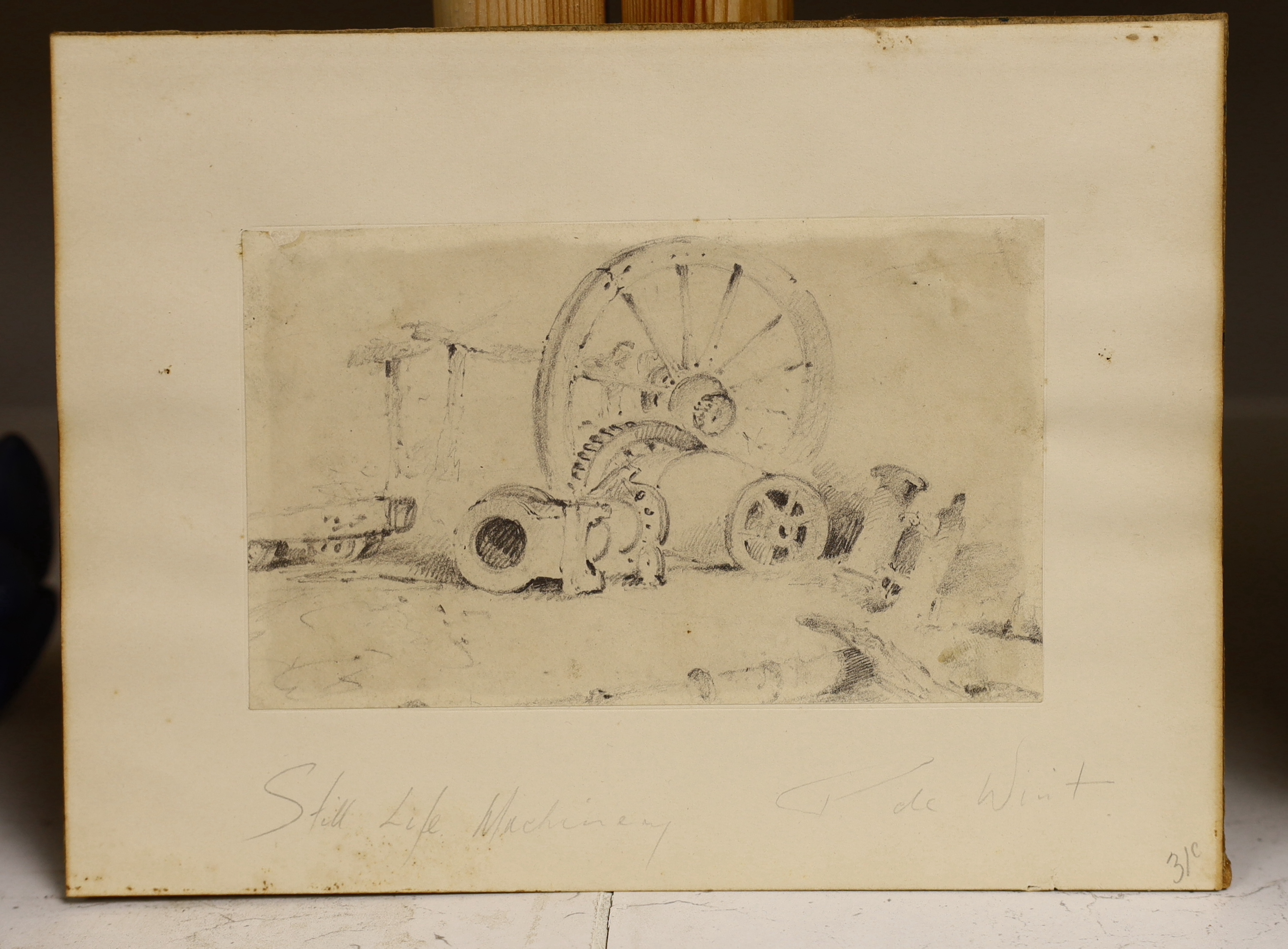 Attributed to Peter DeWint O.W.S. (1784-1849), pencil drawing, Still life of machinery, inscribed in pencil, 10 x 16.5cm, unframed